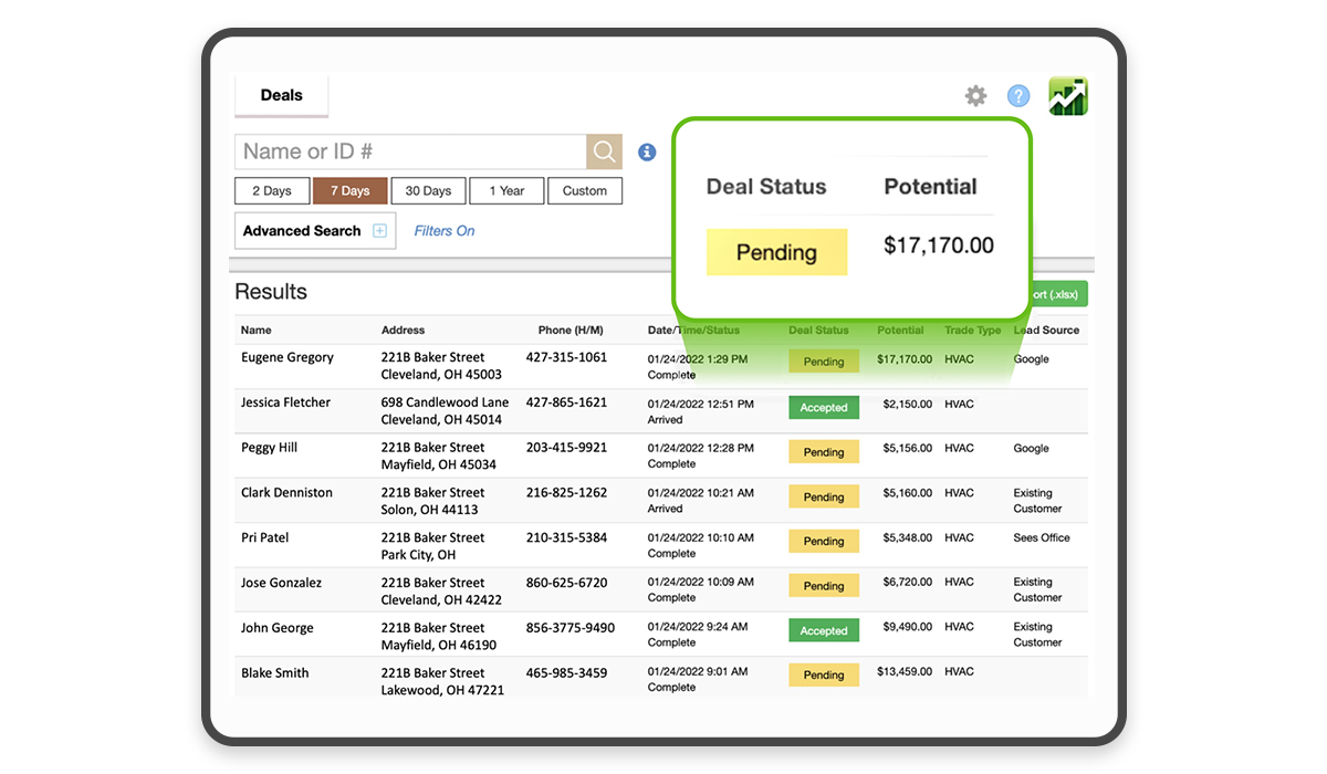 Deal Manager in the Management Portal: a list of recent deals with each one’s status, potential value, trade type, and lead source