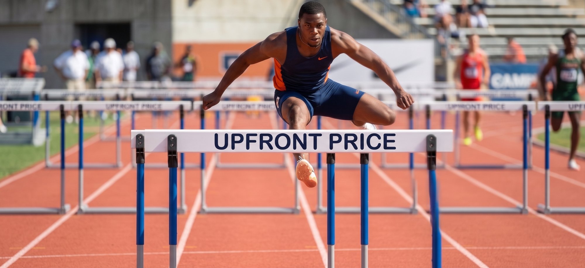 Hurdler clearing a track hurdle labeled 